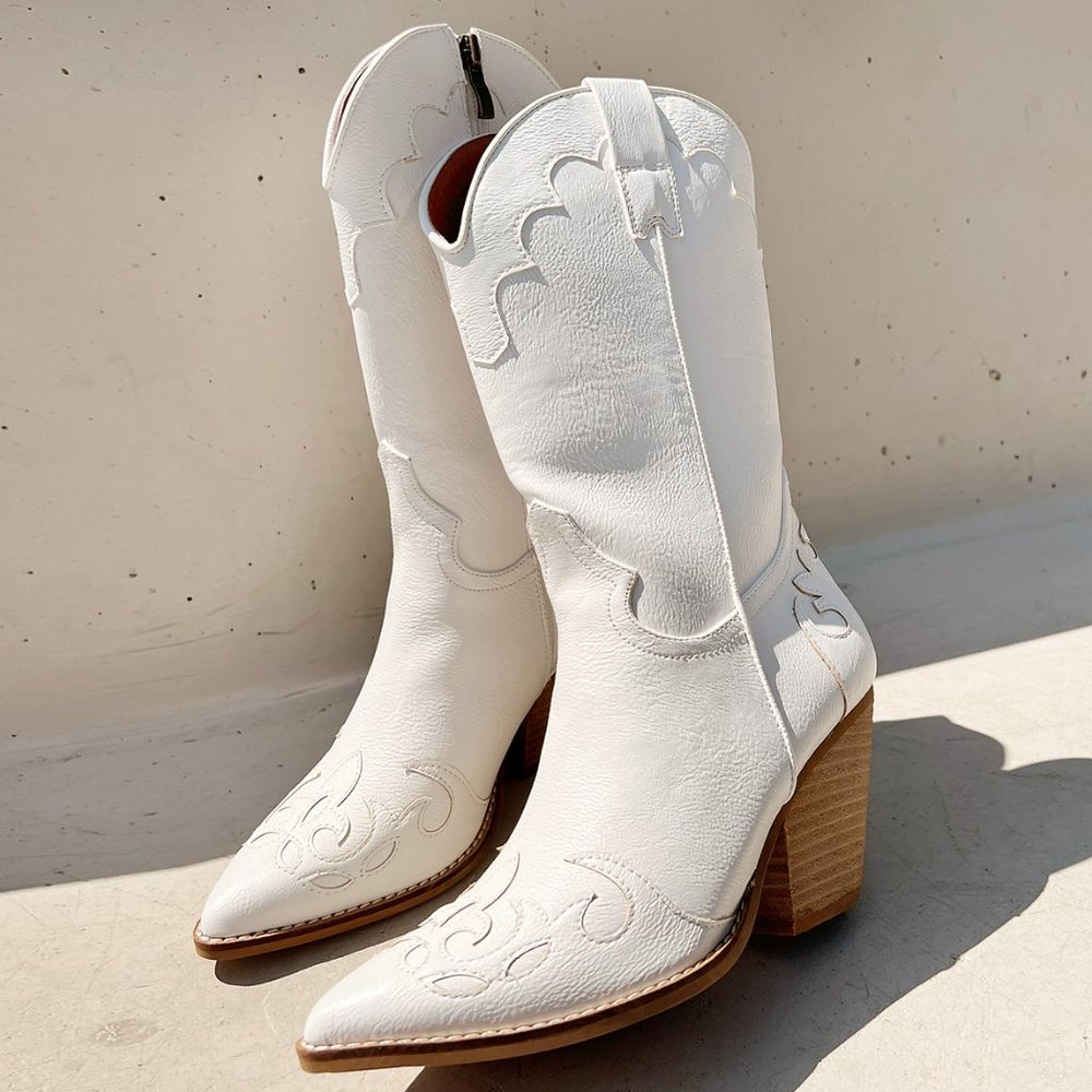 NEW White Western Cowgirl Cutout Applique Pointy Toe Block Heel Mid Calf Boots - Picture 9 of 16